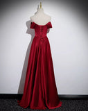 Patcute 2024 Wine Red Satin Off Shoulder Long Party Dress, A-line Satin Prom Dress