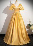 Patcute 2024 A-line Yellow Satin V-neckline Long Prom Dress, Yellow Satin Evening Dress