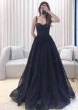 Patcute 2024 A-line Black Tulle Sweetheart Straps Long Party Dress, Black Tulle Prom Dress