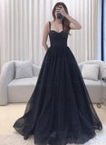 Patcute 2024 A-line Black Tulle Sweetheart Straps Long Party Dress, Black Tulle Prom Dress