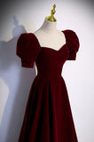 Patcute 2024 Wine Red A-line Short Sleeves Long Simple Party Dress, Wine Red Velvet Prom Dress