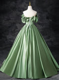 Patcute 2024 Green Satin Off Shoulder Long Party Dress, A-line Green Prom Dress