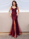 Patcute 2024 Wine Red Sequins Mermaid Straps Long Party Dress, Wine Red Prom Dress