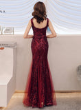 Patcute 2024 Wine Red Sequins Mermaid Straps Long Party Dress, Wine Red Prom Dress