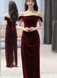 Patcute 2024 Wine Red Off Shoulder Scoop Long Party Dress, Wine Red Velvet Prom Dress