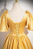 Patcute 2024 A-line Yellow Satin V-neckline Long Prom Dress, Yellow Satin Evening Dress