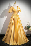 Patcute 2024 A-line Yellow Satin V-neckline Long Prom Dress, Yellow Satin Evening Dress