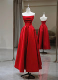 Patcute 2024 Red A-line Satin Scoop Long Prom Dress Party Dress, Red Satin Evening Dress