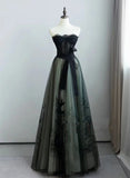 Patcute 2024 A-line Black and Green Tulle with Lace Long Prom Dress, Tulle Party Dress