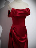 Patcute 2024 Wine Red Satin Off Shoulder Long Party Dress, A-line Satin Prom Dress