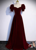 Patcute 2024 Wine Red A-line Short Sleeves Long Simple Party Dress, Wine Red Velvet Prom Dress