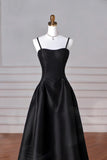 Patcute 2024 Black A-Line Straps Satin Long Party Dress, Black Long Prom Dress Evening Dress