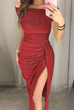 Patcute Fashion Elegant Solid Slit Sequined Off the Shoulder Wrapped Skirt Dresses(3 Colors)