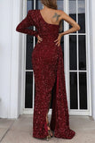 Patcute Elegant Formal Solid Sequins Slit Oblique Collar Evening Dress Dresses