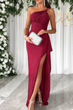 Patcute Elegant Solid Slit Fold Oblique Collar Waist Skirt Dresses