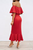 Patcute Sexy Prom Solid Color Ruffle Off Shoulder Fishtail Dresses