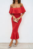 Patcute Sexy Prom Solid Color Ruffle Off Shoulder Fishtail Dresses