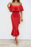 Patcute Sexy Prom Solid Color Ruffle Off Shoulder Fishtail Dresses