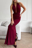 Patcute Sexy Solid Color Backless Ruched Halter Evening Dresses