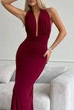 Patcute Sexy Solid Color Backless Ruched Halter Evening Dresses