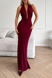 Patcute Sexy Solid Color Backless Ruched Halter Evening Dresses