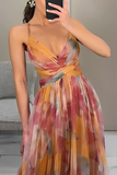 Patcute Sexy Gradient Print Backless Contrast V Neck Long Dresses