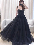 Patcute 2024 A-line Black Tulle Sweetheart Straps Long Party Dress, Black Tulle Prom Dress