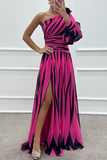 Patcute Sexy Prom Striped Print Slit Irregular Sloping Shoulder Evening Dresses(4 Colors)