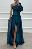 Patcute Sexy Prom Striped Print Slit Irregular Sloping Shoulder Evening Dresses(4 Colors)