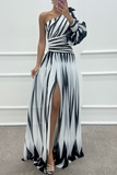 Patcute Sexy Prom Striped Print Slit Irregular Sloping Shoulder Evening Dresses(4 Colors)