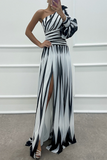 Patcute Sexy Prom Striped Print Slit Irregular Sloping Shoulder Evening Dresses(4 Colors)