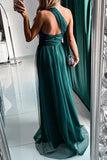 Patcute Sexy Prom Slit Mesh Sloping Shoulder Evening Dresses