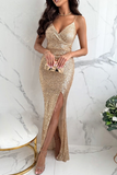 Patcute Sexy Sequins Slit V Neck Evening Dresses