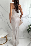 Patcute Sexy Sequins Slit V Neck Evening Dresses