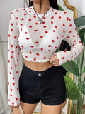 Patcute Heart Round Neck Long Sleeve Sheer Top