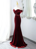 Patcute 2024 Wine Red Mermaid Velvet Long Party Dress, Wine Red Prom Dress Evening Dress