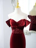 Patcute 2024 Wine Red Mermaid Velvet Long Party Dress, Wine Red Prom Dress Evening Dress