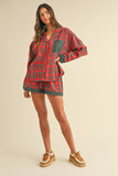 Patcute  Wear Contrast Plaid Long Sleeve Top and Shorts Set