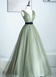 Patcute 2024 Light Green A-line Tulle V-neckline Long Formal Dress, A-line Floor Length Prom Dress