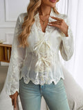 Patcute  Tied Frill V-Neck Long Sleeve Lace Top