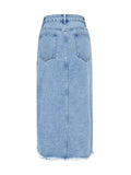 Patcute Raw Hem Slit Midi Denim Skirt