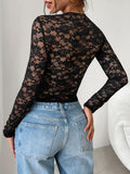 Patcute Scoop Neck Long Sleeve Lace Top