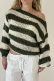 Patcute Contrast Striped Boat Neck Long Sleeve Sweater