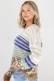 Patcute Leopard Striped Round Neck Crochet Knit Top