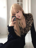 Patcute Sexy Leopard Knitted Cardigan Vintage Y2k Japanese V-neck Sweater Long Sleeve Streetwear Harajuku Aesthetic 90s Cardigan