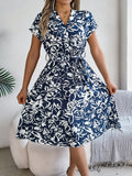 Patcute Printed V-Neck Short Sleeve Dress