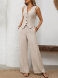 Patcute V-Neck Button Down Vest and Wide Leg Pants Set