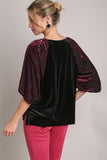 Patcute Umgee Round Neck Leopard Balloon Sleeve Velvet Top