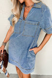 Patcute Short Sleeve Collared Patched Pocket Denim Mini Dress