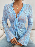 Patcute Tied V-Neck Long Sleeve Lace Top